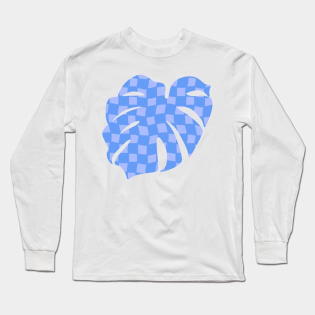 Checker Board Monstera Leaf - blue and periwinkle Long Sleeve T-Shirt by JuneNostalgia